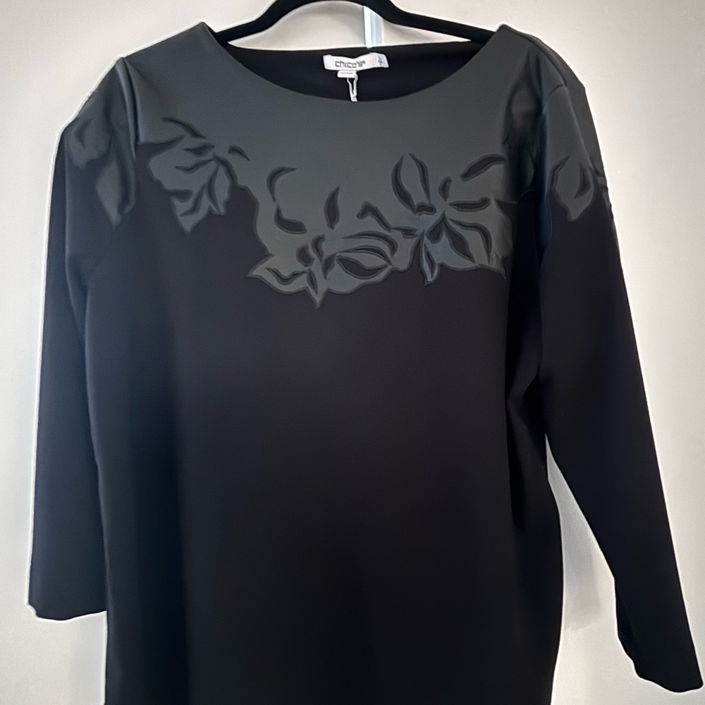 Chico’s Black Floral Embellished Top-size 2